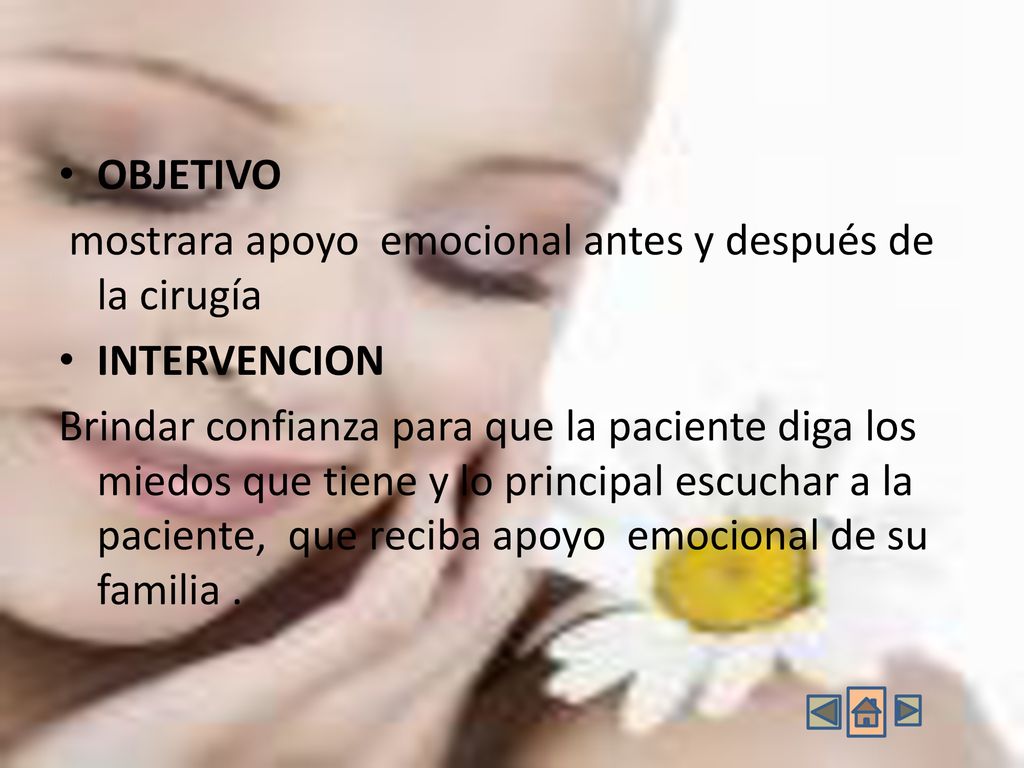 OBJETIVO mostrara apoyo emocional antes y después de la cirugía. INTERVENCION.