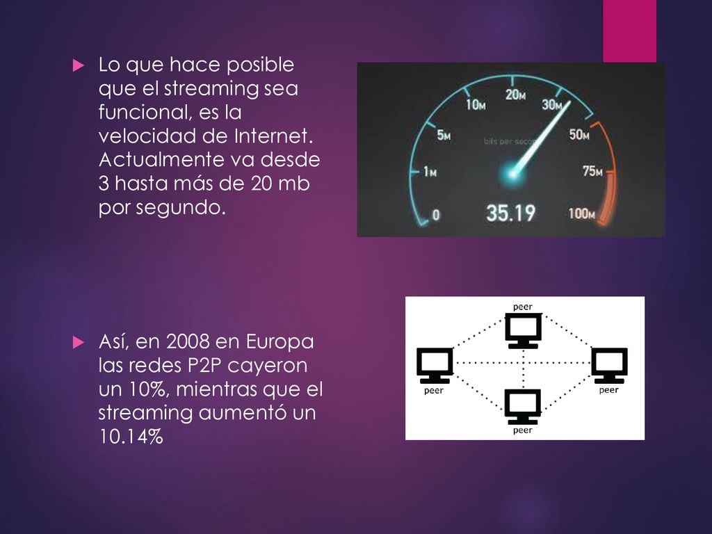 Lo que hace posible que el streaming sea funcional, es la velocidad de Internet. Actualmente va desde 3 hasta más de 20 mb por segundo.