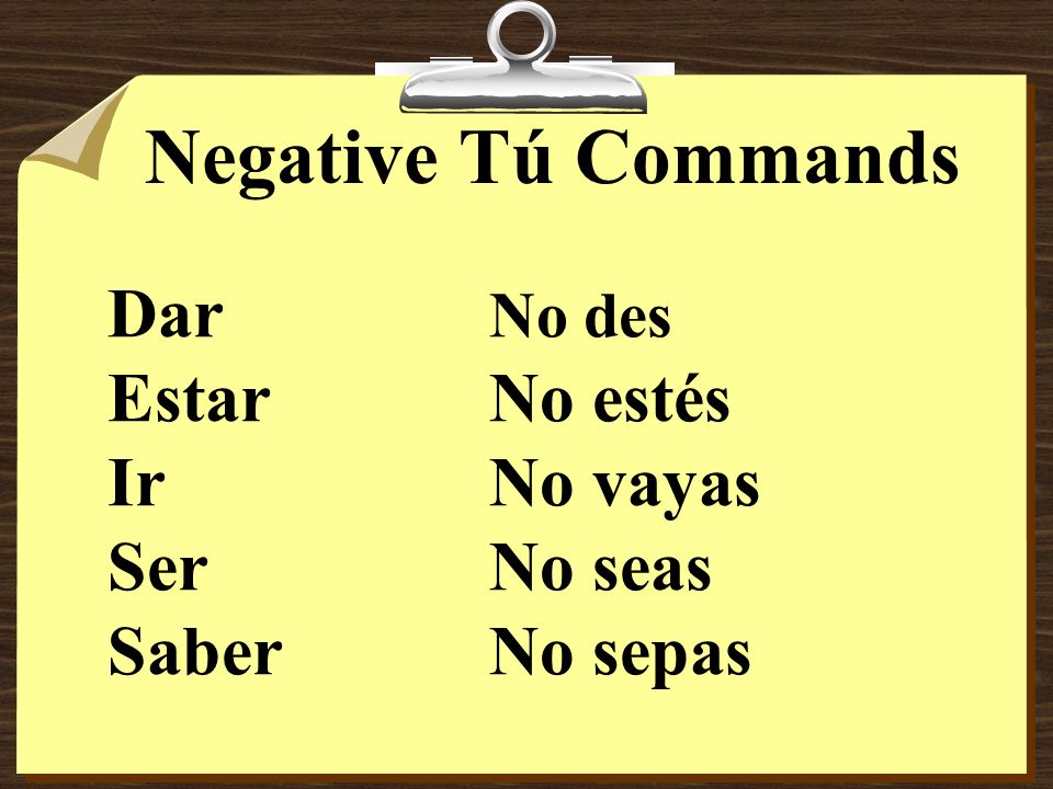 Negative Tú Commands Dar No des Estar No estés Ir No vayas Ser No seas