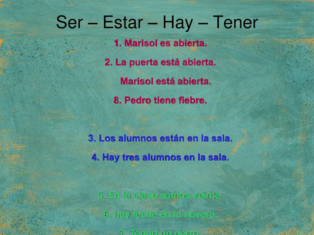 Ser – Estar – Hay – Tener 1. Marisol es abierta.