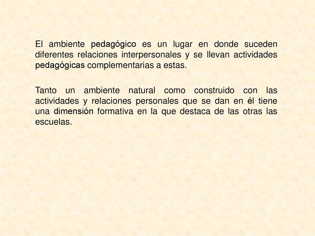 El ambiente pedagógico es un lugar en donde suceden diferentes relaciones interpersonales y se llevan actividades pedagógicas complementarias a estas.
