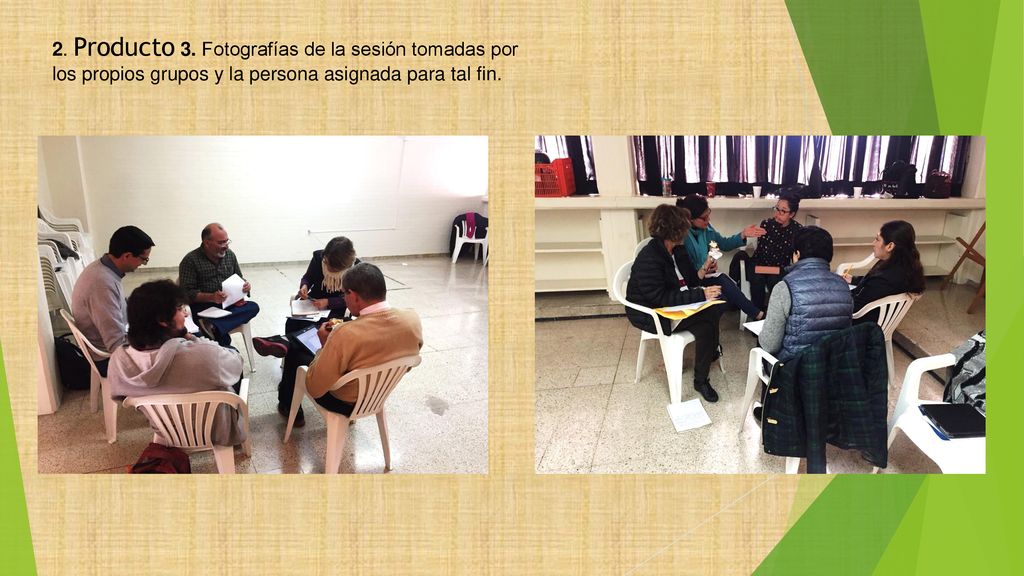 2. Producto 3. Fotografías de la sesión tomadas por los propios grupos y la persona asignada para tal fin.