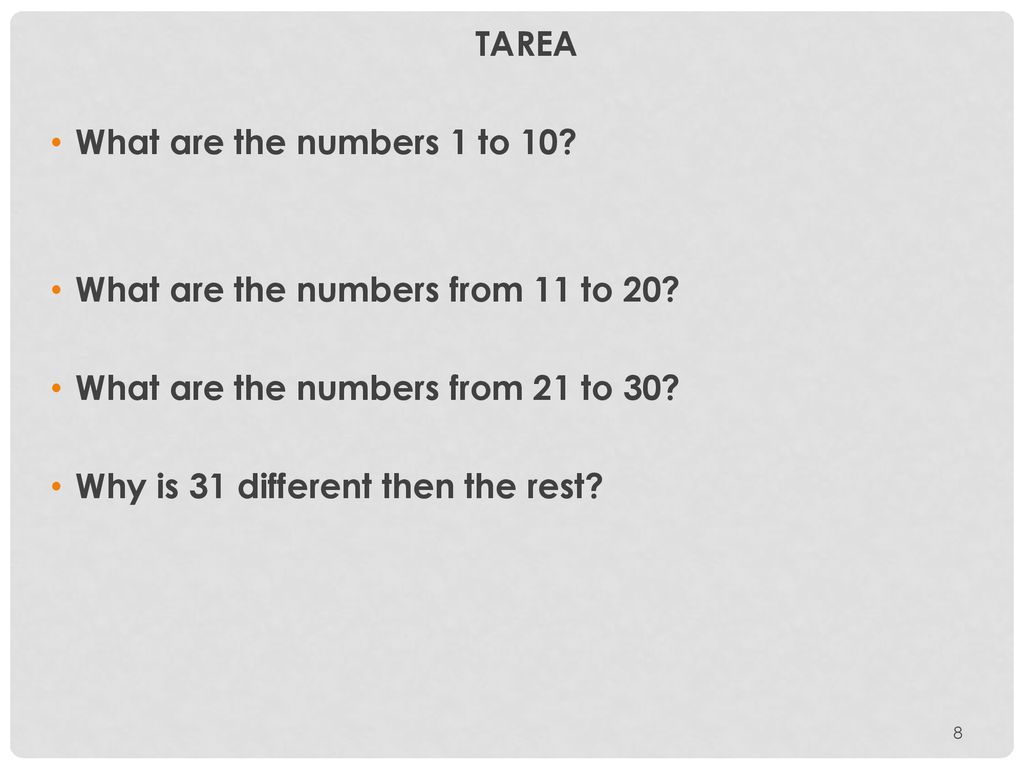 TAREA What are the numbers 1 to 10 What are the numbers from 11 to 20 What are the numbers from 21 to 30