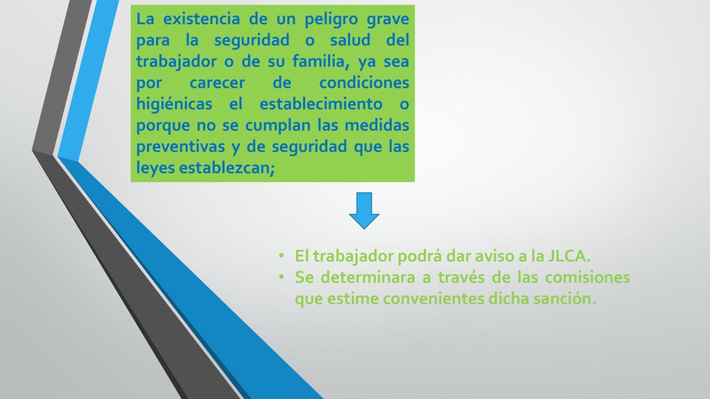 La existencia de un peligro grave para la seguridad o salud del trabajador o de su familia, ya sea por carecer de condiciones higiénicas el establecimiento o porque no se cumplan las medidas preventivas y de seguridad que las leyes establezcan;