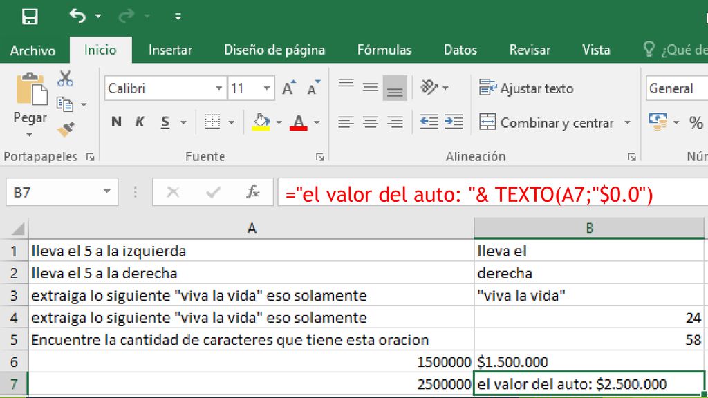= el valor del auto: & TEXTO(A7; $0.0 )