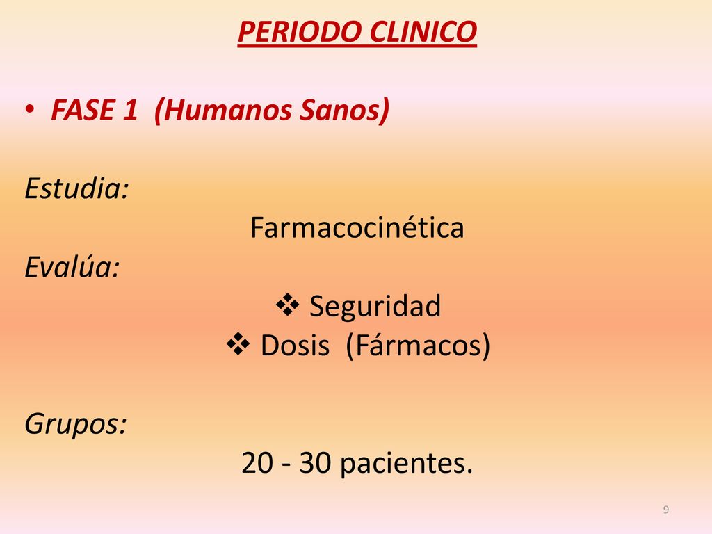 PERIODO CLINICO FASE 1 (Humanos Sanos) Estudia: Farmacocinética. Evalúa: Seguridad. Dosis (Fármacos)
