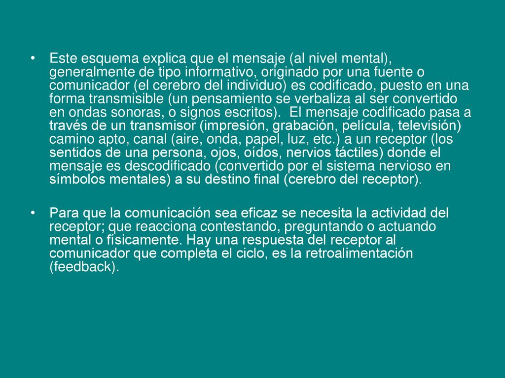 Este esquema explica que el mensaje (al nivel mental), generalmente de tipo informativo, originado por una fuente o comunicador (el cerebro del individuo) es codificado, puesto en una forma transmisible (un pensamiento se verbaliza al ser convertido en ondas sonoras, o signos escritos). El mensaje codificado pasa a través de un transmisor (impresión, grabación, película, televisión) camino apto, canal (aire, onda, papel, luz, etc.) a un receptor (los sentidos de una persona, ojos, oídos, nervios táctiles) donde el mensaje es descodificado (convertido por el sistema nervioso en símbolos mentales) a su destino final (cerebro del receptor).
