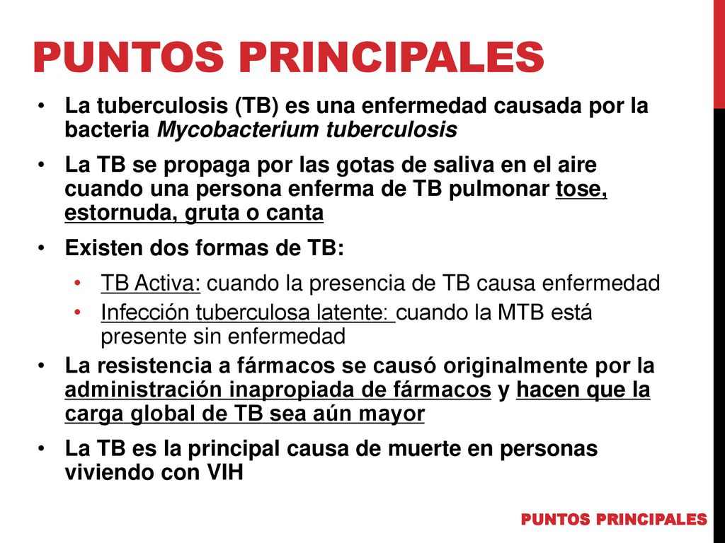 PUNTOS PRINCIPALES La tuberculosis (TB) es una enfermedad causada por la bacteria Mycobacterium tuberculosis.