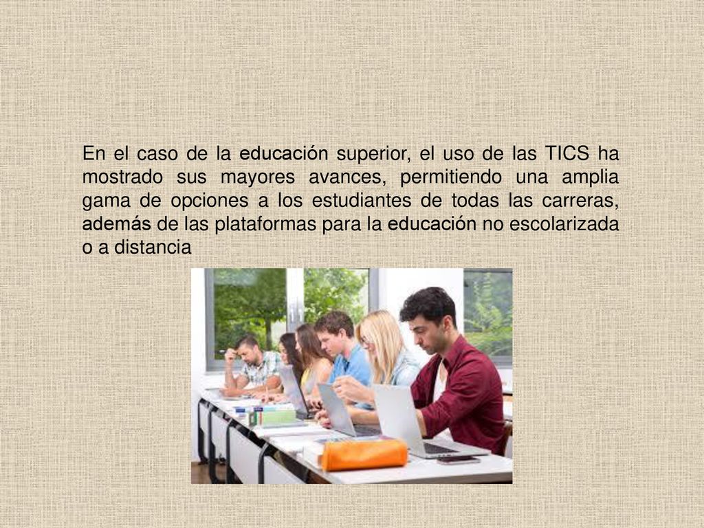 En el caso de la educación superior, el uso de las TICS ha mostrado sus mayores avances, permitiendo una amplia gama de opciones a los estudiantes de todas las carreras, además de las plataformas para la educación no escolarizada o a distancia