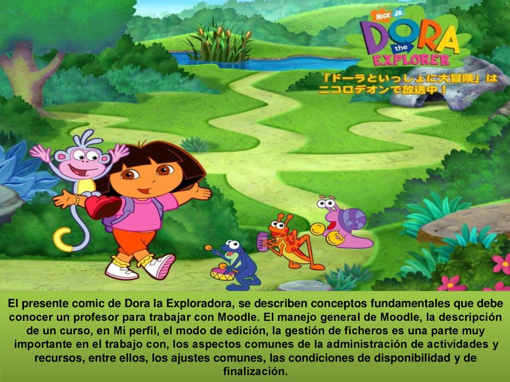 El presente comic de Dora la Exploradora, se describen conceptos fundamentales que debe conocer un profesor para trabajar con Moodle.