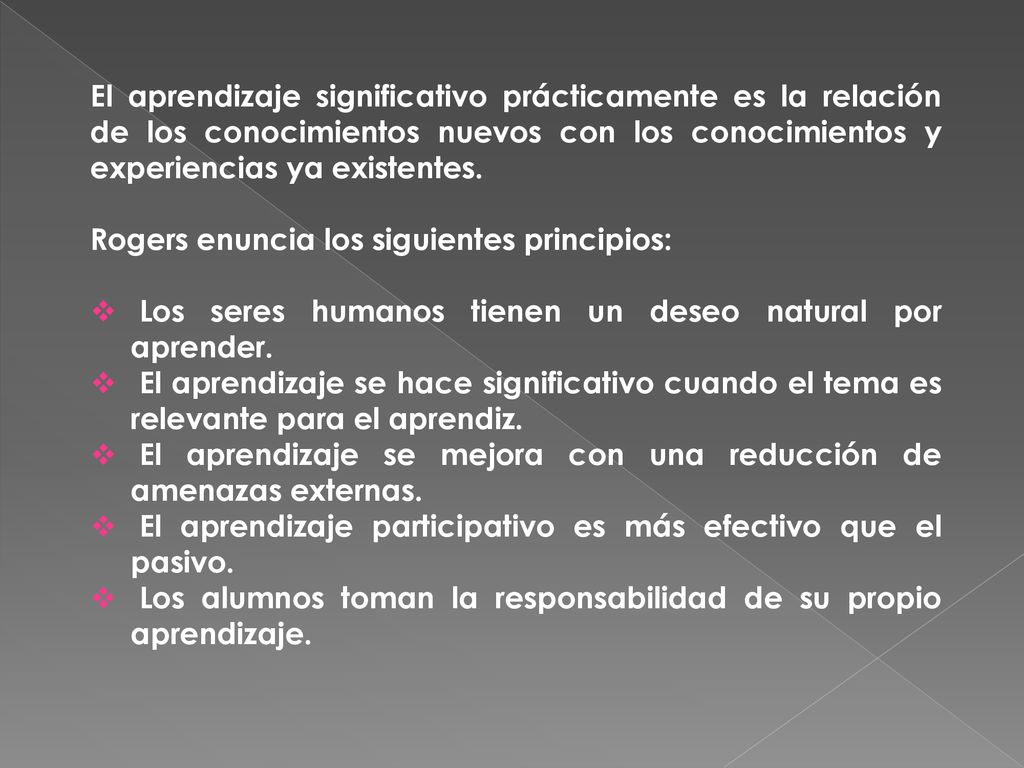 El aprendizaje significativo prácticamente es la relación de los conocimientos nuevos con los conocimientos y experiencias ya existentes.