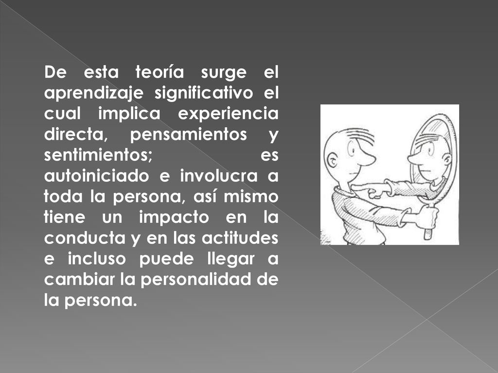 De esta teoría surge el aprendizaje significativo el cual implica experiencia directa, pensamientos y sentimientos; es autoiniciado e involucra a toda la persona, así mismo tiene un impacto en la conducta y en las actitudes e incluso puede llegar a cambiar la personalidad de la persona.