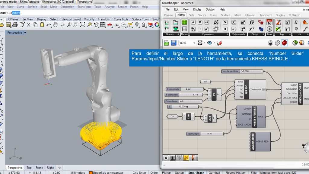 Para definir el largo de la herramienta, se conecta Number Slider Params/Input/Number Slider a LENGTH de la herramienta KRESS SPINDLE .