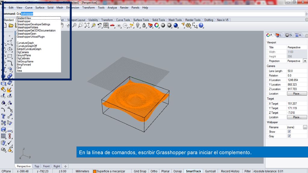 En la línea de comandos, escribir Grasshopper para iniciar el complemento.