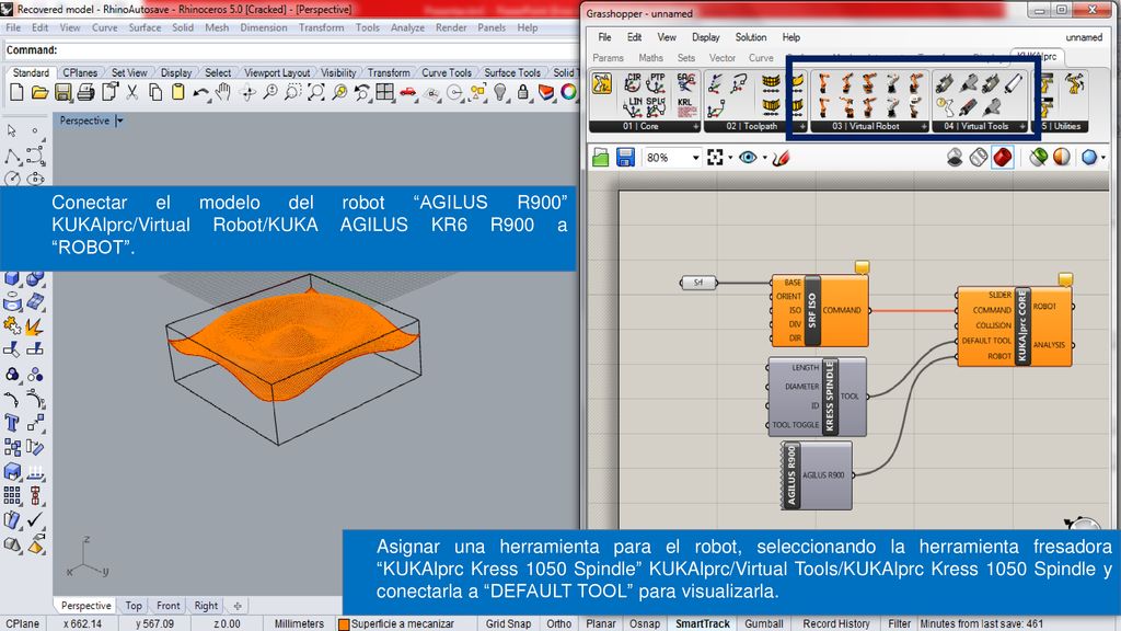 e Conectar el modelo del robot AGILUS R900 KUKAlprc/Virtual Robot/KUKA AGILUS KR6 R900 a ROBOT .