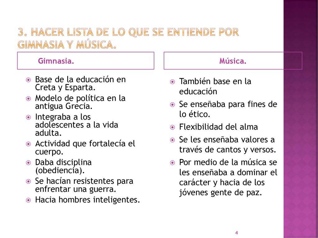 3. Hacer lista de lo que se entiende por gimnasia y música.