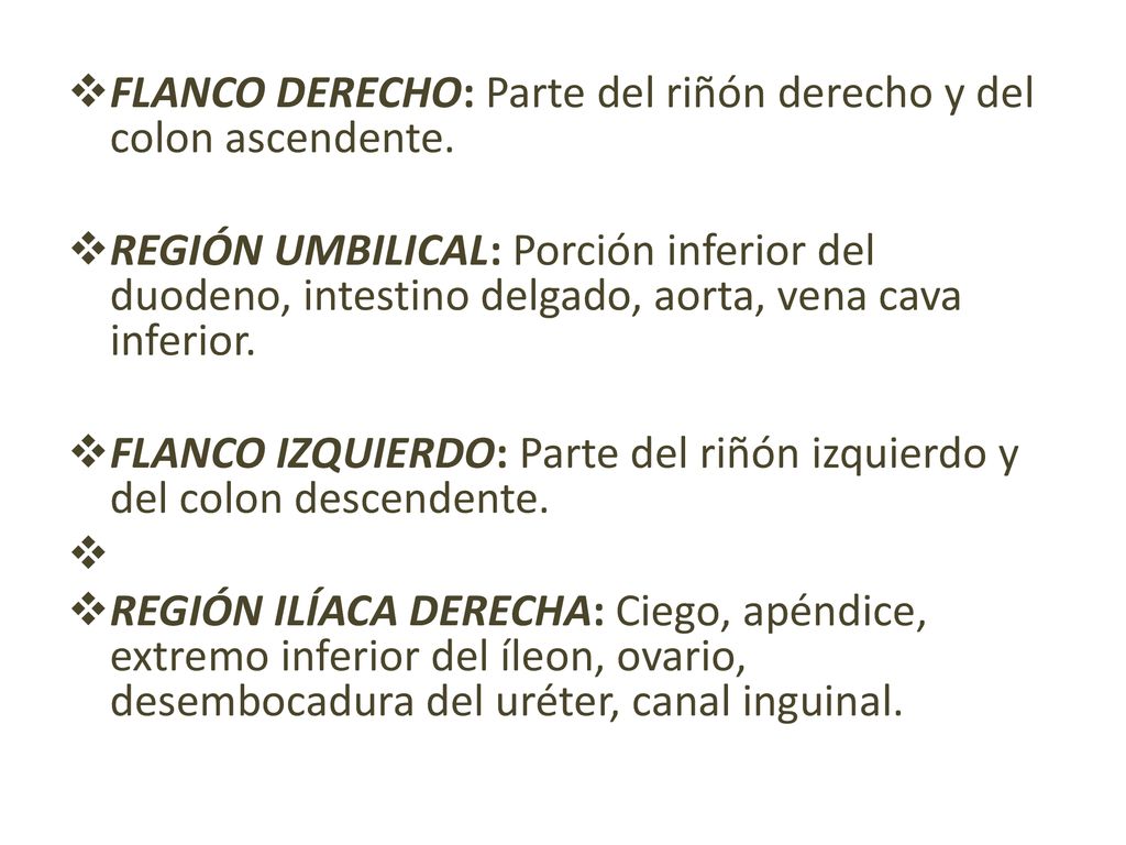FLANCO DERECHO: Parte del riñón derecho y del colon ascendente.