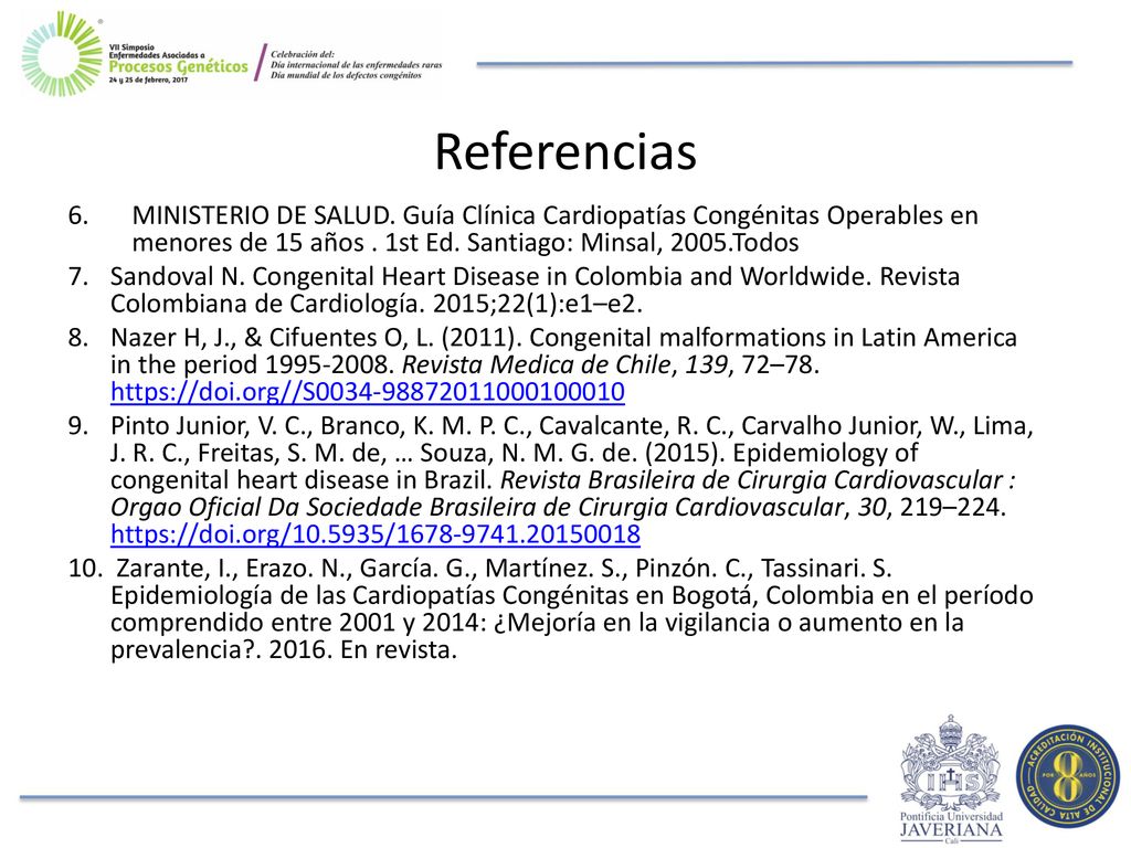 Referencias MINISTERIO DE SALUD. Guía Clínica Cardiopatías Congénitas Operables en menores de 15 años . 1st Ed. Santiago: Minsal, 2005.Todos.