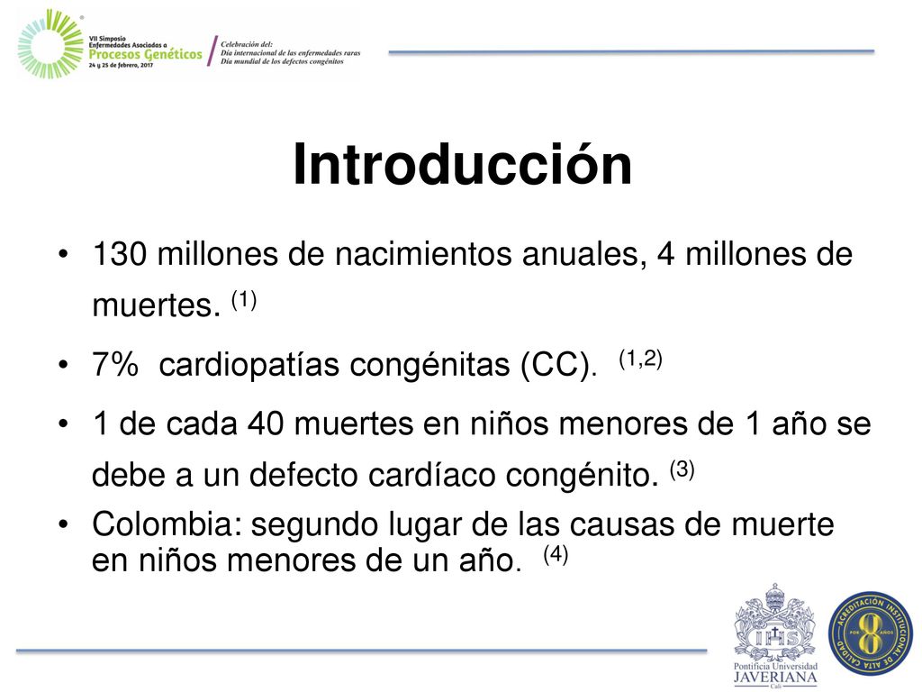 Introducción 130 millones de nacimientos anuales, 4 millones de muertes. (1) 7% cardiopatías congénitas (CC). (1,2)
