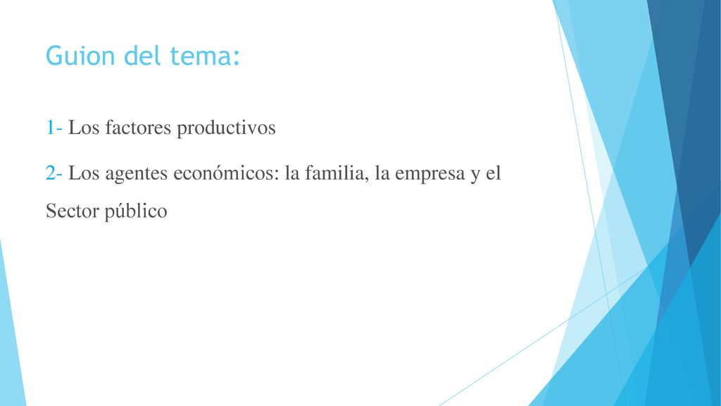 Guion del tema: 1- Los factores productivos 2- Los agentes económicos: la familia, la empresa y el Sector público