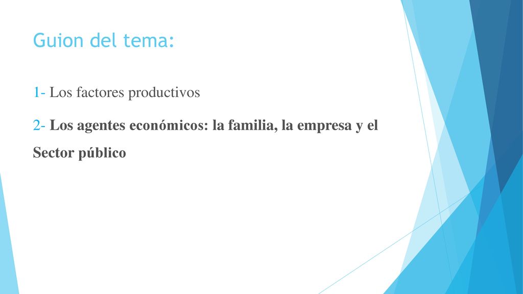 Guion del tema: 1- Los factores productivos 2- Los agentes económicos: la familia, la empresa y el Sector público