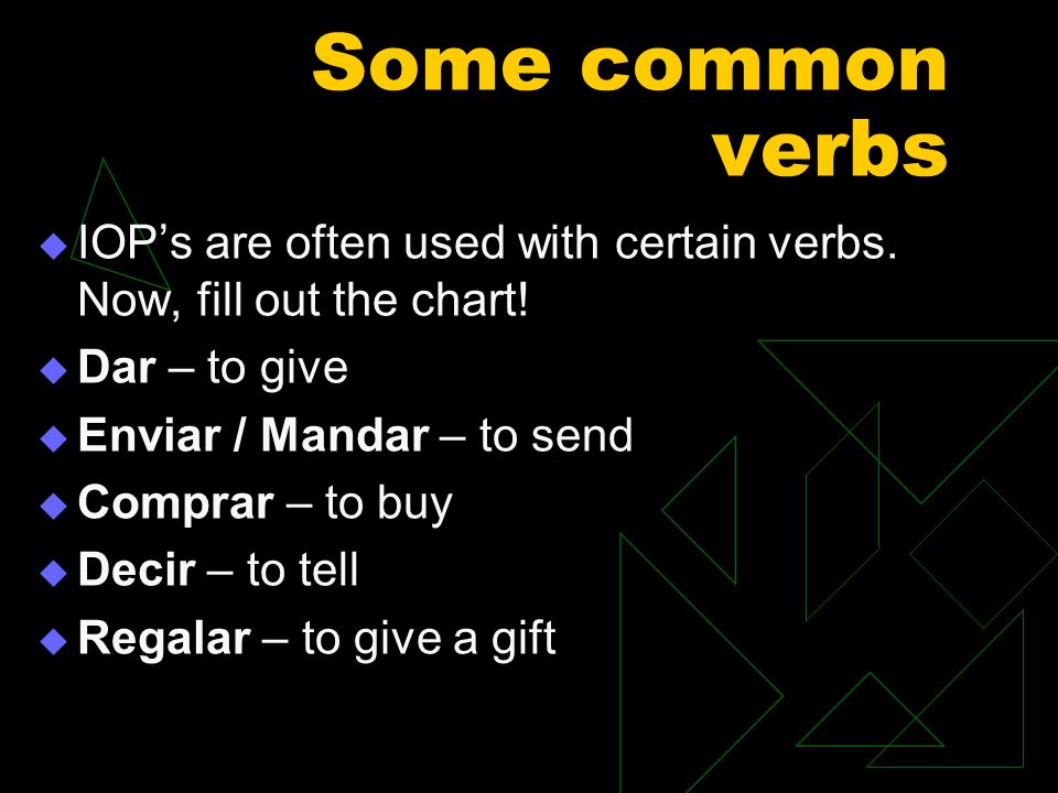Some common verbs IOP’s are often used with certain verbs. Now, fill out the chart! Dar – to give.
