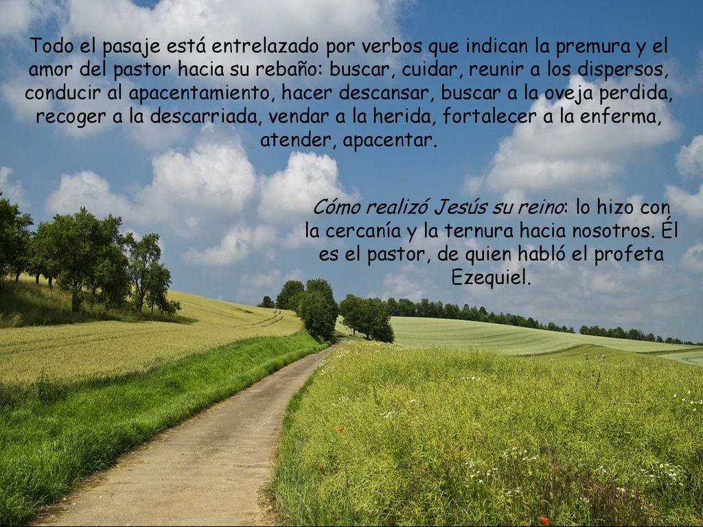 Todo el pasaje está entrelazado por verbos que indican la premura y el amor del pastor hacia su rebaño: buscar, cuidar, reunir a los dispersos, conducir al apacentamiento, hacer descansar, buscar a la oveja perdida, recoger a la descarriada, vendar a la herida, fortalecer a la enferma, atender, apacentar.