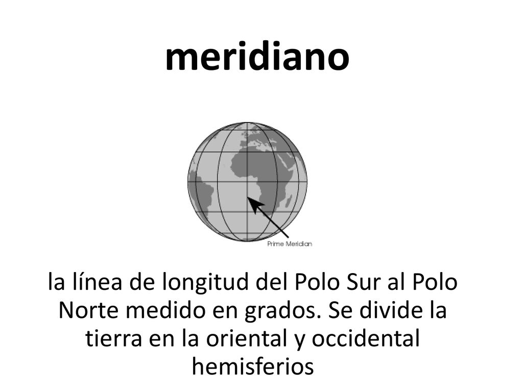 meridiano la línea de longitud del Polo Sur al Polo Norte medido en grados.