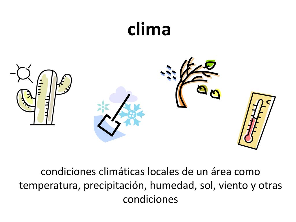 clima condiciones climáticas locales de un área como temperatura, precipitación, humedad, sol, viento y otras condiciones.