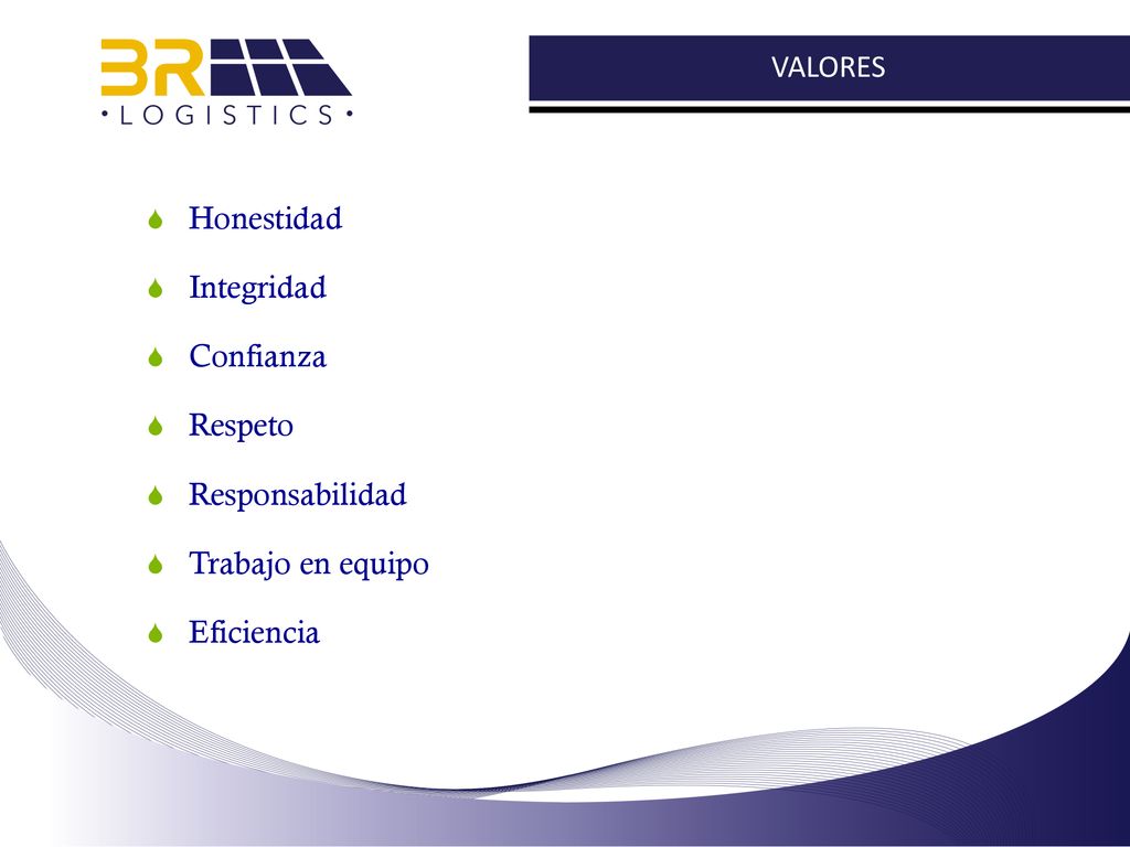VALORES Honestidad Integridad Confianza Respeto Responsabilidad Trabajo en equipo Eficiencia