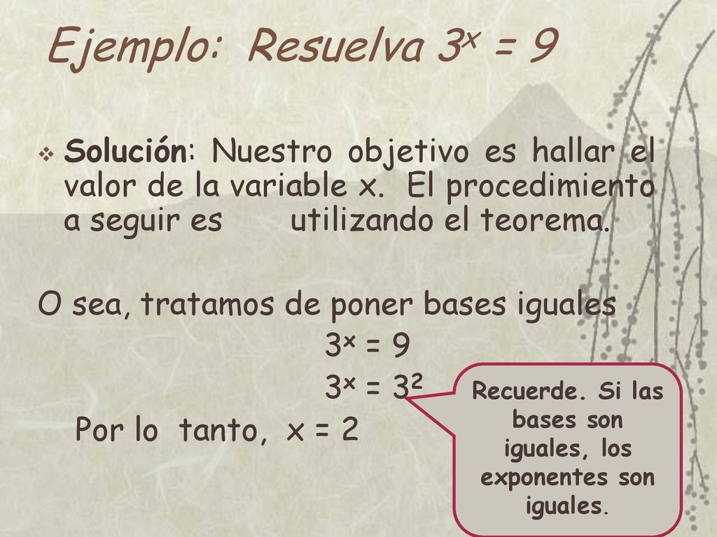 Recuerde. Si las bases son iguales, los exponentes son iguales.