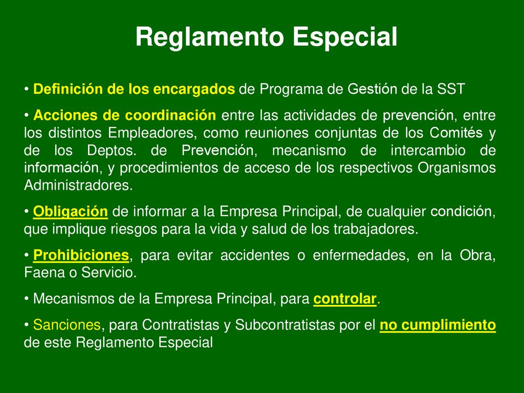 Reglamento Especial Definición de los encargados de Programa de Gestión de la SST.