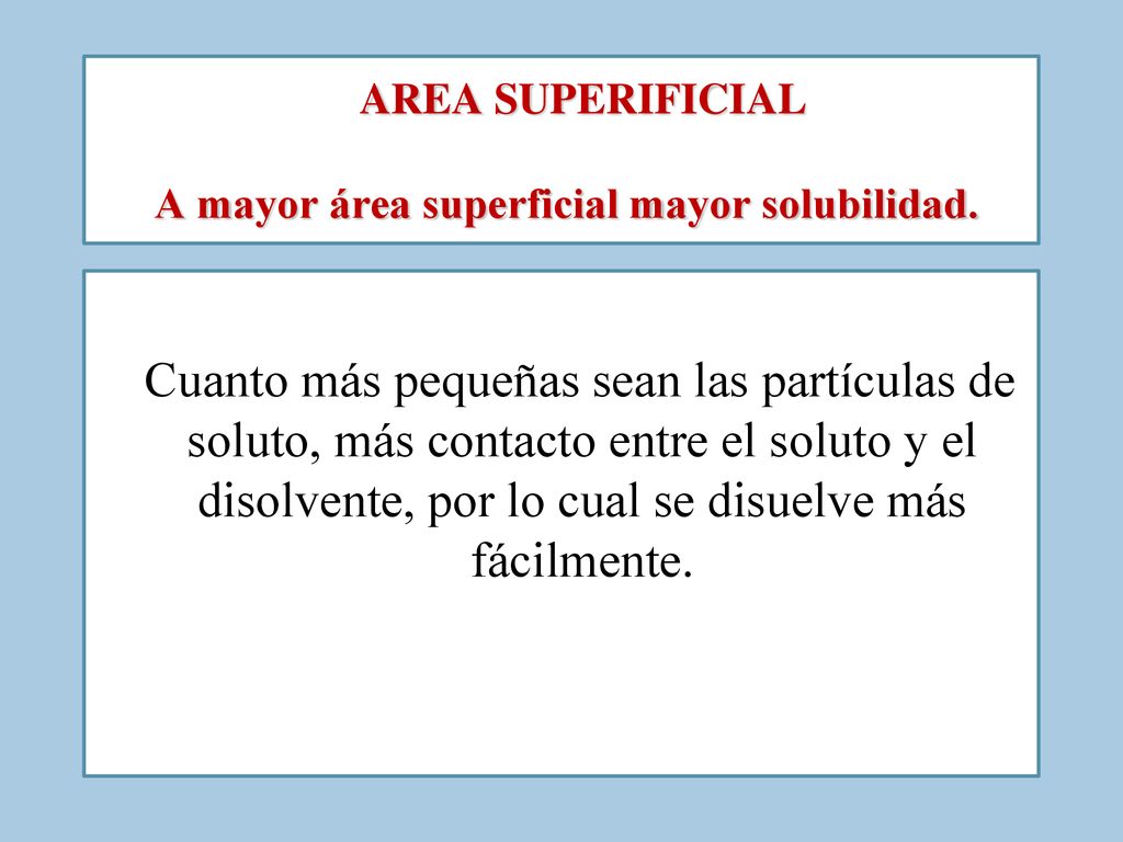 AREA SUPERIFICIAL A mayor área superficial mayor solubilidad.
