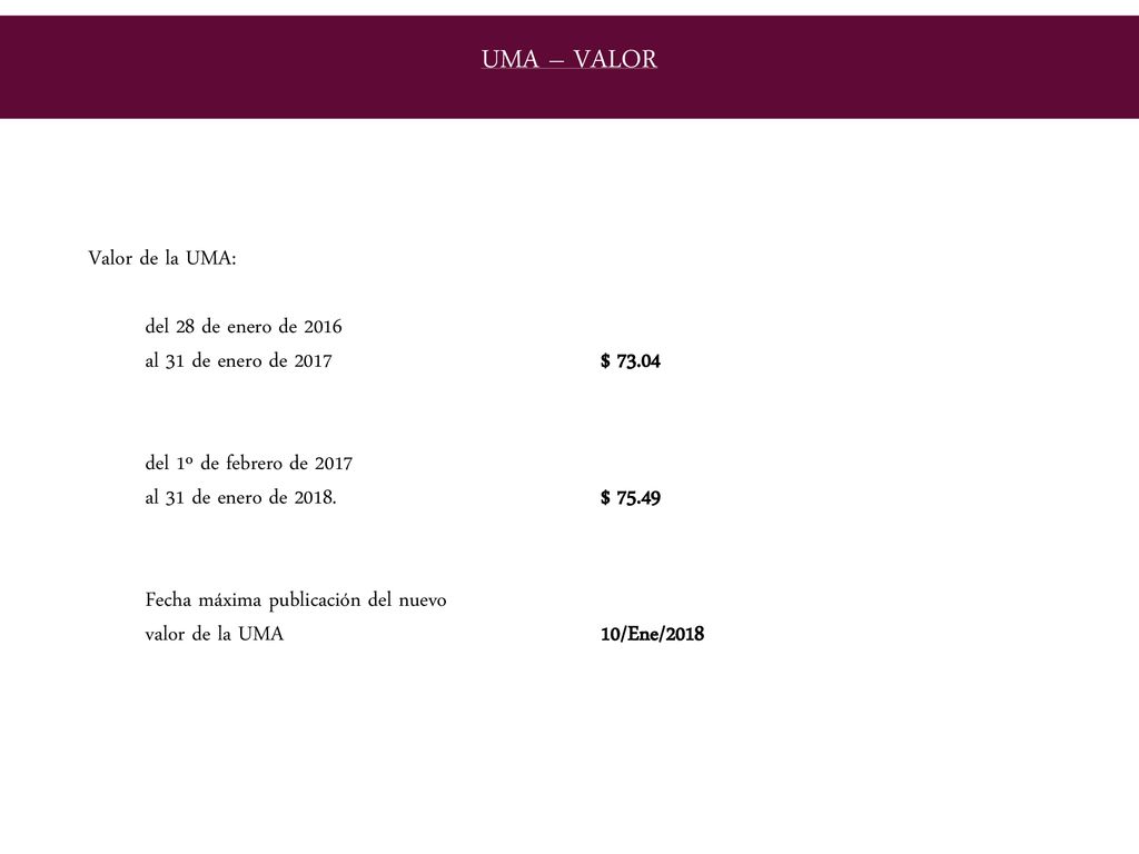 UMA – VALOR Valor de la UMA: del 28 de enero de 2016