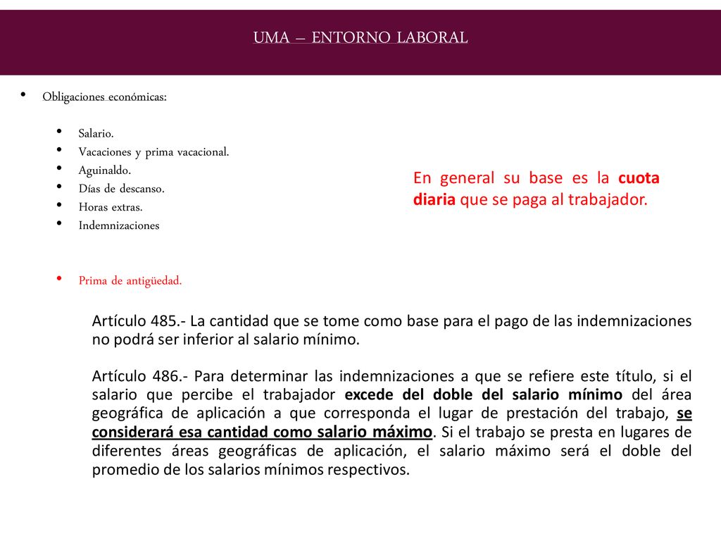 UMA – ENTORNO LABORAL Obligaciones económicas: Salario. Vacaciones y prima vacacional. Aguinaldo.