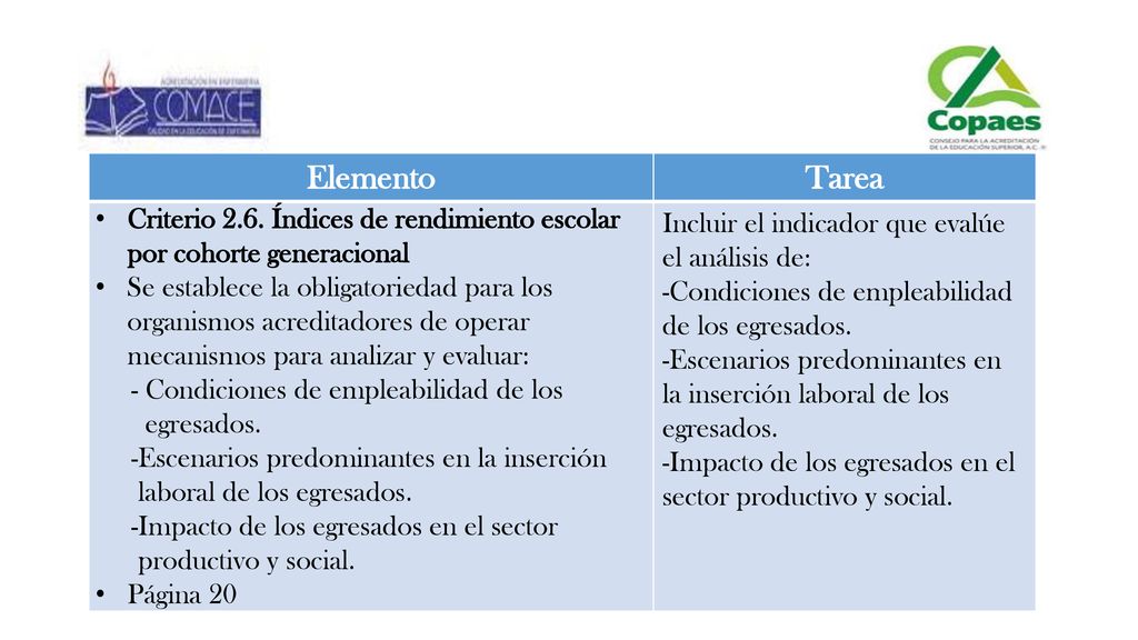 Elemento Tarea. Criterio 2.6. Índices de rendimiento escolar por cohorte generacional.