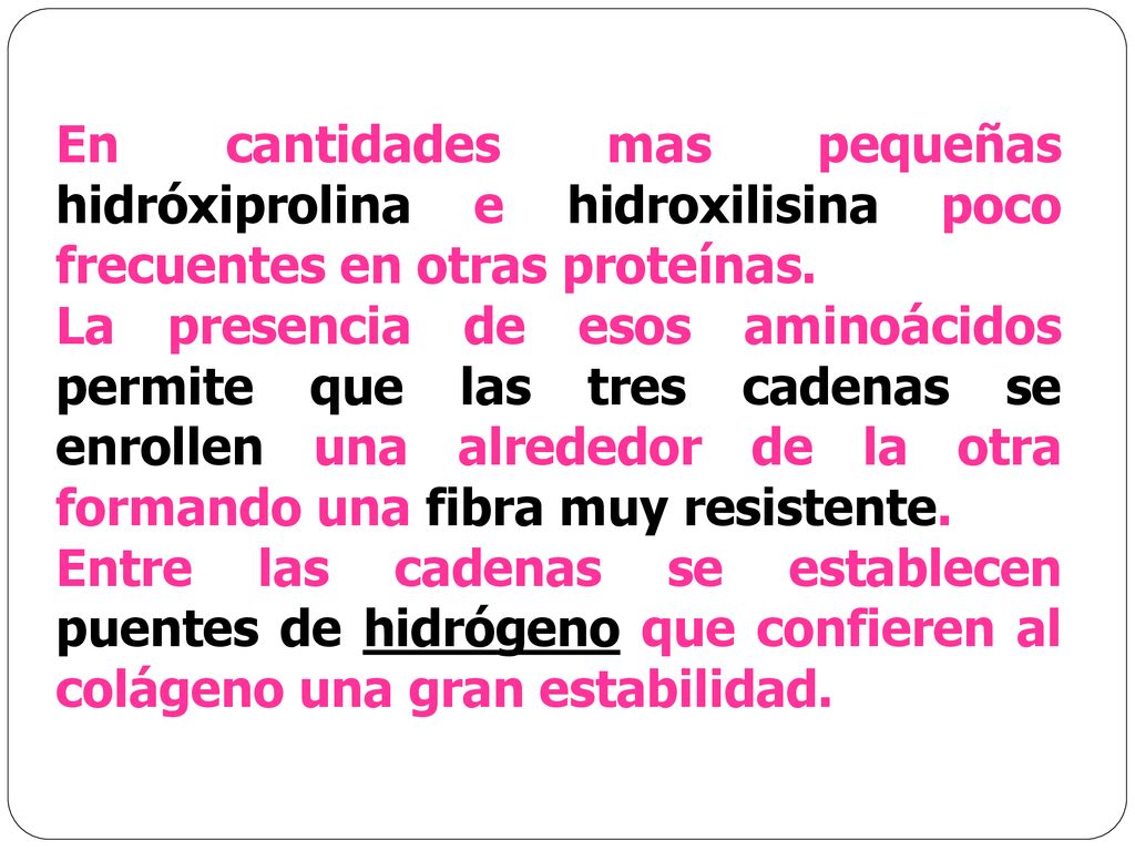 En cantidades mas pequeñas hidróxiprolina e hidroxilisina poco frecuentes en otras proteínas.