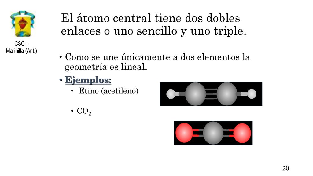 El átomo central tiene dos dobles enlaces o uno sencillo y uno triple.
