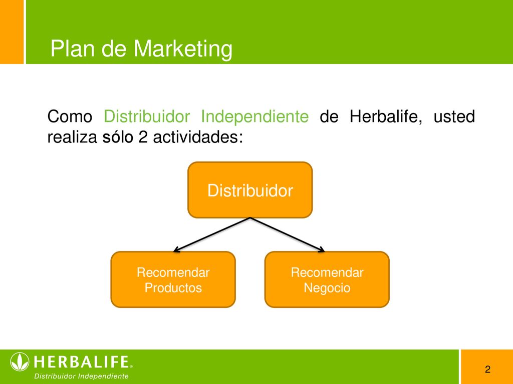 Plan de Marketing Como Distribuidor Independiente de Herbalife, usted realiza sólo 2 actividades: Distribuidor.
