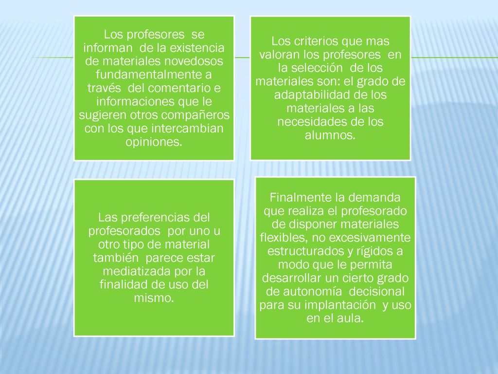 Los profesores se informan de la existencia de materiales novedosos fundamentalmente a través del comentario e informaciones que le sugieren otros compañeros con los que intercambian opiniones.