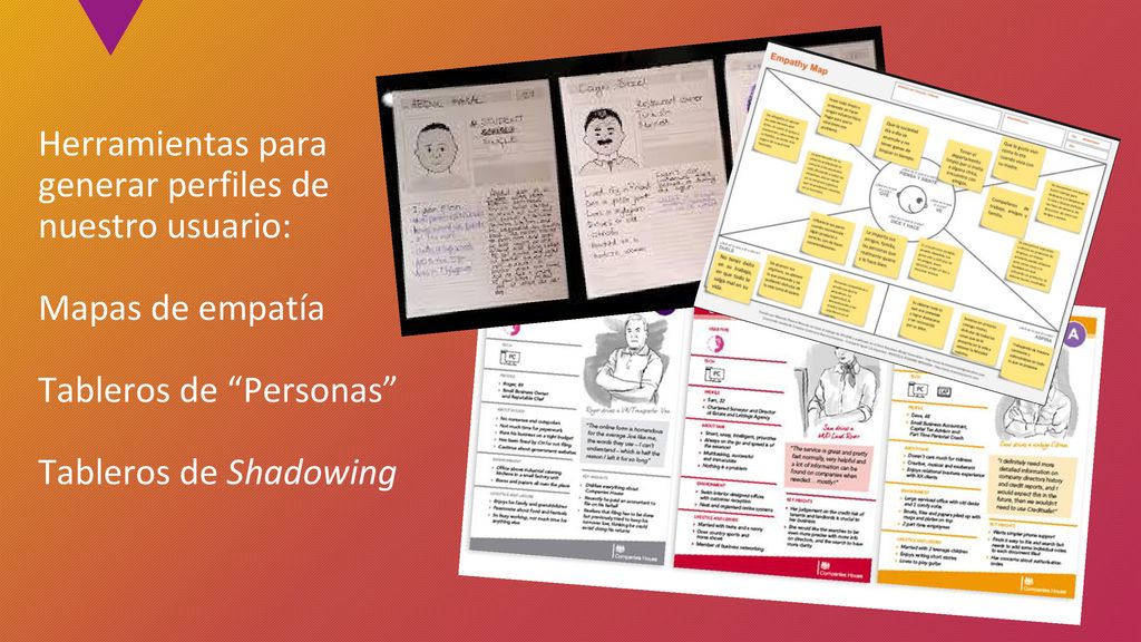 Herramientas para generar perfiles de nuestro usuario: Mapas de empatía Tableros de Personas Tableros de Shadowing
