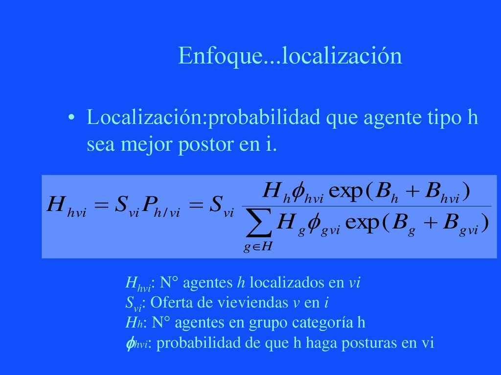 Enfoque...localización Localización:probabilidad que agente tipo h sea mejor postor en i. Hhvi: N° agentes h localizados en vi.