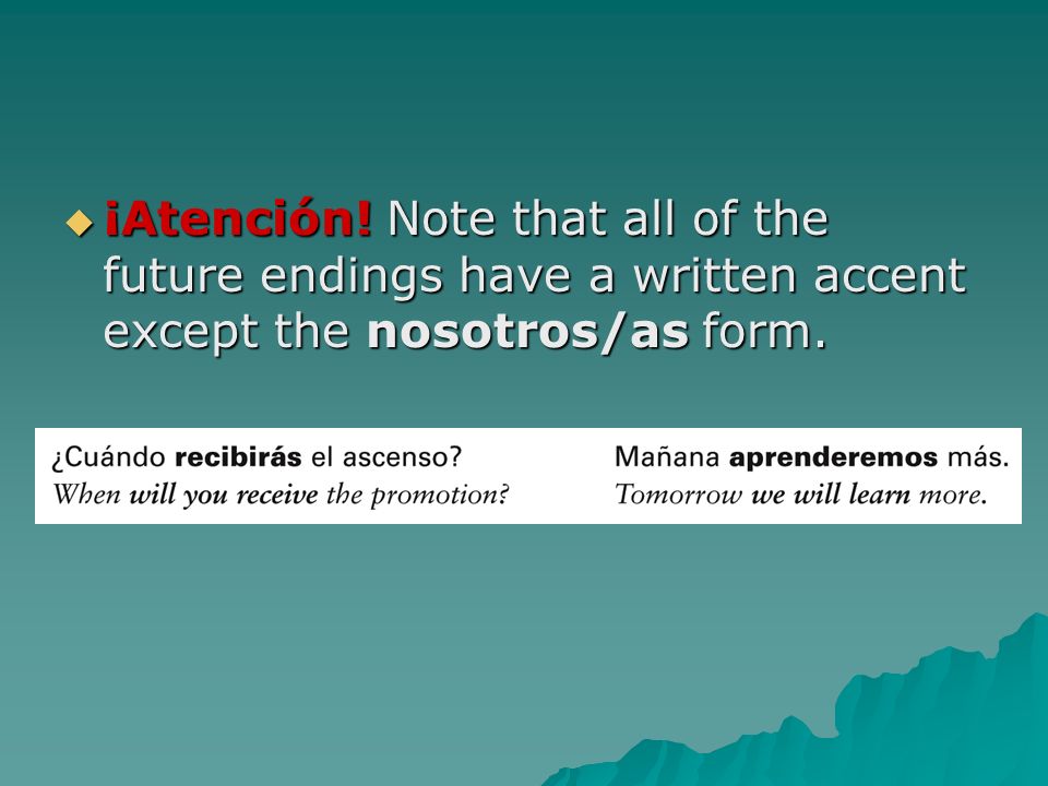 ¡Atención! Note that all of the future endings have a written accent except the nosotros/as form.