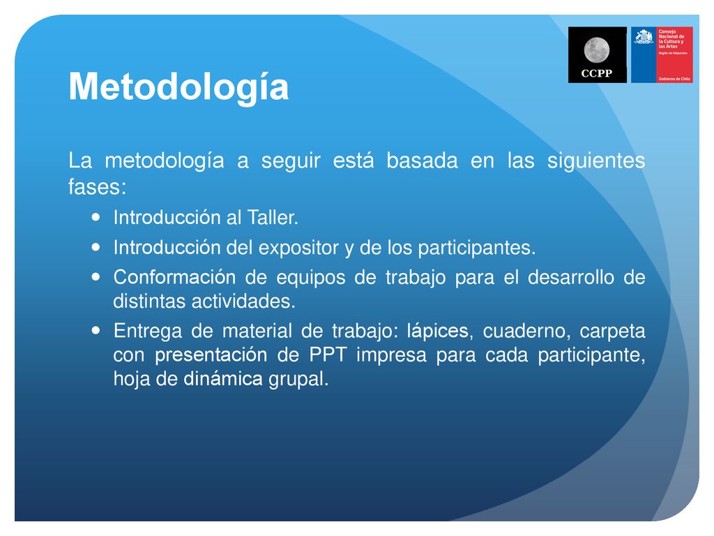 Metodología La metodología a seguir está basada en las siguientes fases: Introducción al Taller.