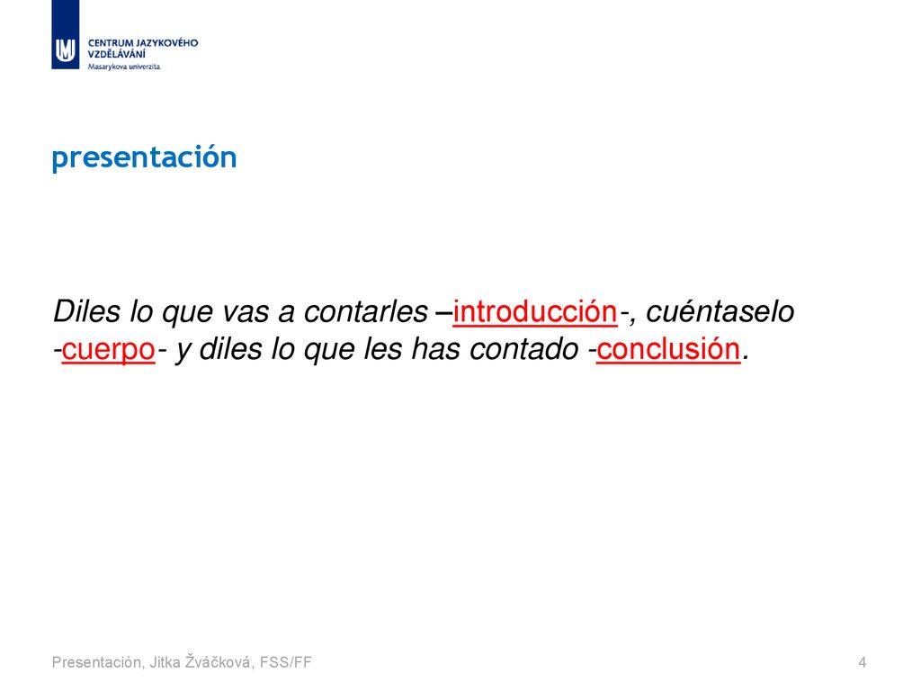 presentación Diles lo que vas a contarles –introducción-, cuéntaselo -cuerpo- y diles lo que les has contado -conclusión.