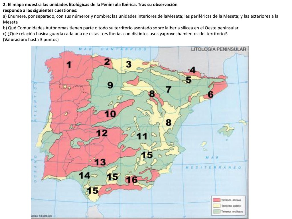 2. El mapa muestra las unidades litológicas de la Península Ibérica