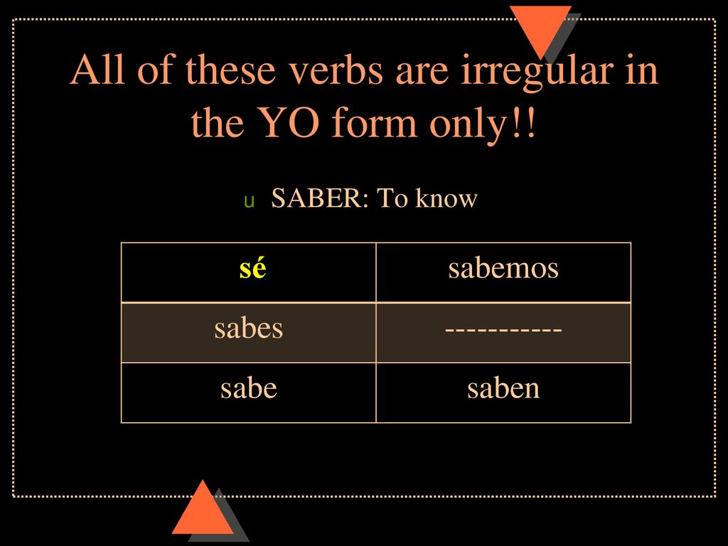 All of these verbs are irregular in the YO form only!!