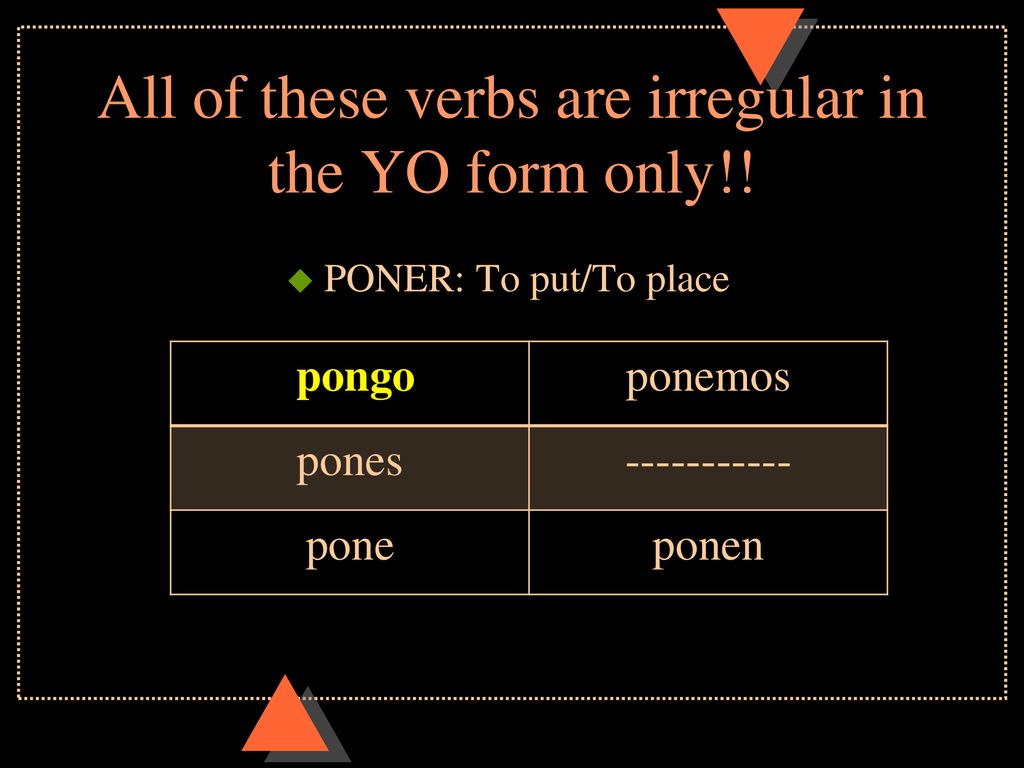 All of these verbs are irregular in the YO form only!!