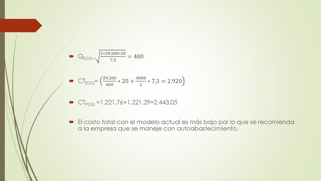 QEOQ = 2∗29.200∗20 7,3 =400 CTEOQ= ∗ ∗7,3= CTPOQ =1.221, ,29=2.443,05.