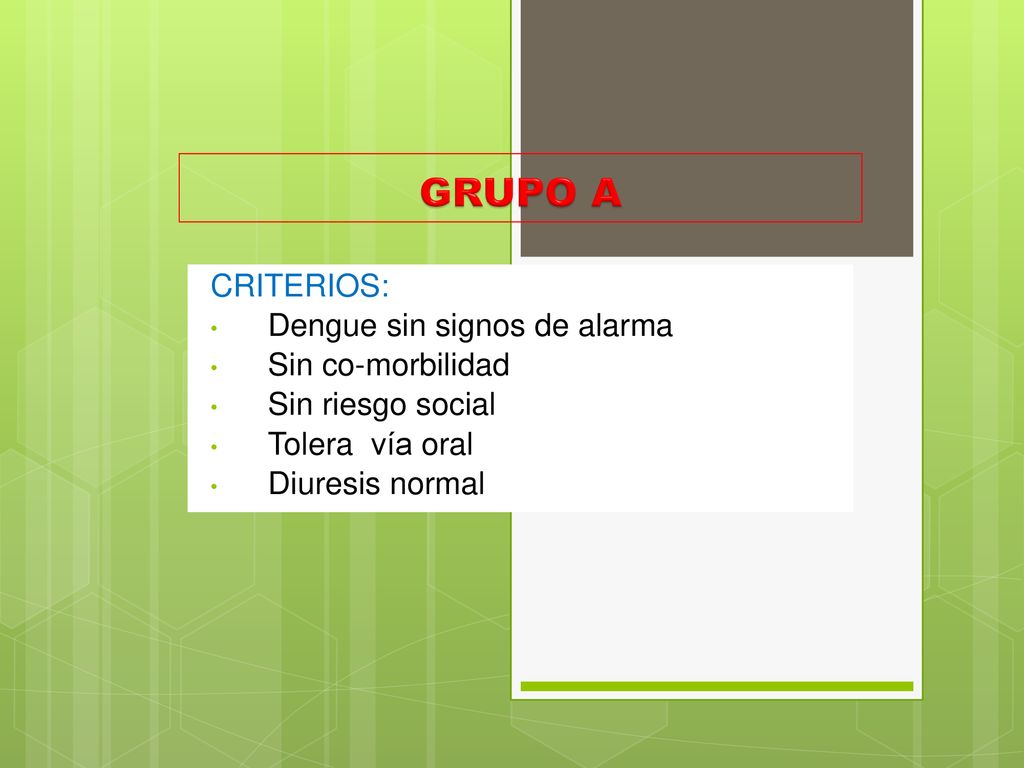 GRUPO A CRITERIOS: Dengue sin signos de alarma Sin co-morbilidad
